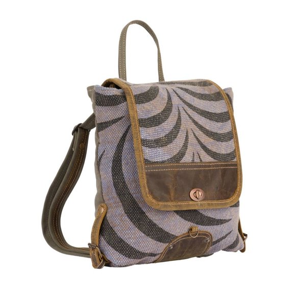 Myra Bag Handmade Grey Backpack Upcycled Canvas & Cowhide Leather - Picture 3 of 7